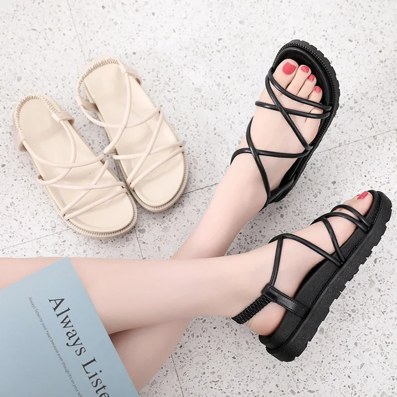 kf-S201700fae3ec498c9b5c1079f201bb26d 샌들 여성 여름 학생 2021 새로운 한국 스타일 다재다능한 하라주쿠 스타일 플랫 크로스 스트랩 플랫폼 머핀 여성 신발 패션 - 이미지 1