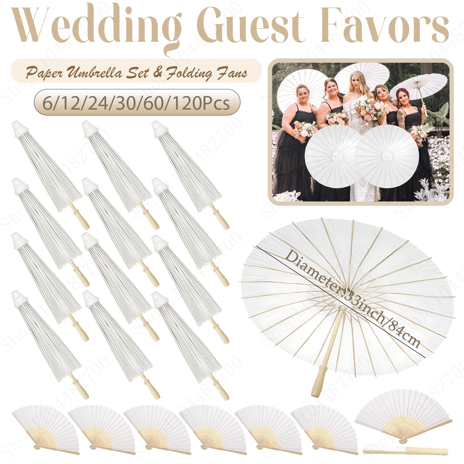 kf-S5d519372c69b41f1bd715ae972b7d79bN 6-120개 33인치 종이 우산, 웨딩 하객용 흰색 종이 파라솔 우산, 웨딩 사진 촬영 소품 (팬 포함) - 이미지 1