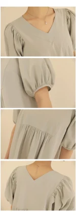 브이넥 셔링 퍼프 롱원피스 FREE 빠른배송 - 이미지 5