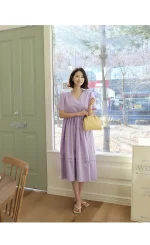 브이넥 잔잔이중단주름 린넨 롱 원피스 FREE 빠른배송 - 이미지 6