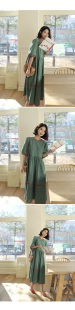 그린베리 배색 체크 퍼프소매 롱원피스 FREE 빠른배송 - 이미지 6
