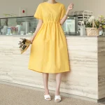 린넨터치 리본 셔링 반팔 롱 원피스 FREE 빠른배송