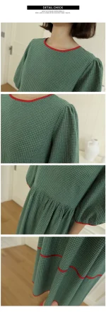 그린베리 배색 체크 퍼프소매 롱원피스 FREE 빠른배송 - 이미지 3