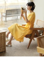 린넨터치 리본 셔링 반팔 롱 원피스 FREE 빠른배송 - 이미지 4