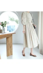 허리리본 스트링 도트 롱원피스 FREE 빠른배송 - 이미지 2