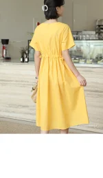 린넨터치 리본 셔링 반팔 롱 원피스 FREE 빠른배송 - 이미지 3