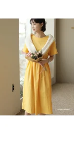 린넨터치 리본 셔링 반팔 롱 원피스 FREE 빠른배송 - 이미지 5