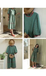 그린베리 배색 체크 퍼프소매 롱원피스 FREE 빠른배송 - 이미지 5