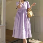 브이넥 잔잔이중단주름 린넨 롱 원피스 FREE 빠른배송