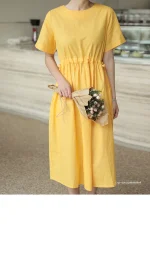 린넨터치 리본 셔링 반팔 롱 원피스 FREE 빠른배송 - 이미지 6