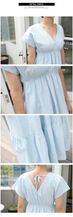 밴딩프릴 백리본 브이넥 롱원피스 FREE 빠른배송 - 이미지 3