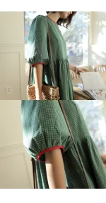 그린베리 배색 체크 퍼프소매 롱원피스 FREE 빠른배송 - 이미지 2