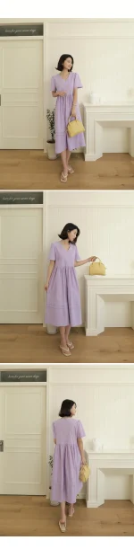 브이넥 잔잔이중단주름 린넨 롱 원피스 FREE 빠른배송 - 이미지 3