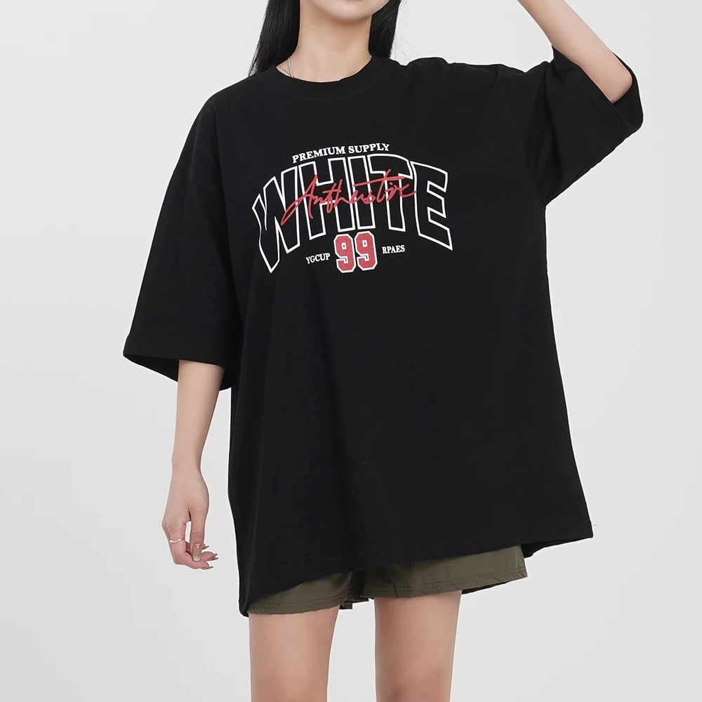 kf-Ac4a4bfc845d540d08875a96b28a799ffu 여성 빅사이즈 캐쥬얼 여름 커플 오버핏 레터링 캐릭터 박스 롱 반팔 티셔츠 99 - 이미지 1