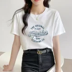 베이직 여성 반팔티셔츠 면100% 여름 빅사이즈 흰티 라운드 면티셔츠 - 이미지 2