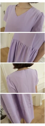 브이넥 잔잔이중단주름 린넨 롱 원피스 FREE 빠른배송 - 이미지 4