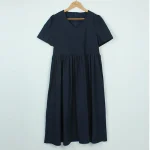 브이넥 잔잔이중단주름 린넨 롱 원피스 FREE 빠른배송 - 이미지 2