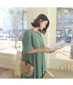 그린베리 배색 체크 퍼프소매 롱원피스 FREE 빠른배송 - 이미지 4