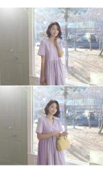 브이넥 잔잔이중단주름 린넨 롱 원피스 FREE 빠른배송 - 이미지 5