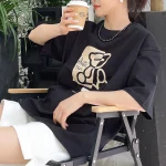 GLACIER 여성 반팔 티셔츠 루즈핏 100%면 컬러 배색 곰돌이 - 이미지 5