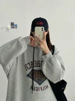 플러스 사이즈 여성용 기모 안감 후드 원피스, 살을 가려주는 레터링, 레이지 스타일, 가을 겨울 루즈핏 원피스, A라인 스커트 - 이미지 2