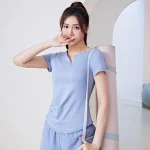 스타일아유 여성 브이넥 솔리드 요가 반팔티 허리슬림핏 땀흡수 통기성 편한핏 스포츠 상의 YG0137 - 이미지 3