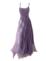 슬리밍 효과 퍼플 메쉬 발목 길이 드레스 여성 플러스 사이즈 스트랩리스 가운 한국 스타일 하이 웨이스트 A라인 스커트 - 이미지 5