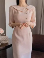 우아한 중간 길이 민소매 여성 드레스 한국 스타일 통근 하이 웨이스트 슬리밍 봄 패션 아이템 싱글 피스 - 이미지 5