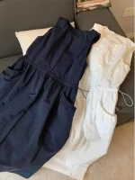 루즈핏 프록 드레스 여성 여름 신상 한국 디자인 감각 플리츠 허리끈 조절 베스트 드레스 캐주얼 라운드넥 반팔 - 이미지 2