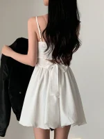 시크한 여름 나비 매듭 주름 미니 플라워 버드 스트랩 드레스 소녀 감성 하이웨이스트 한국 스타일 민소매 폴리에스터 섬유