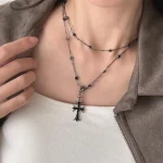 y2k 더블 레이어드 투 체인 크로스 블랙 십자가 목걸이 no.336 - 이미지 2