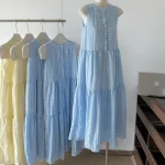 스타일아유 여성 체크 패턴 롱 A라인 슬리브리스 드레스 루즈핏 여름 나시원피스 휴양지룩 OP2290 - 이미지 5