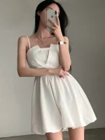 시크한 여름 나비 매듭 주름 미니 플라워 버드 스트랩 드레스 소녀 감성 하이웨이스트 한국 스타일 민소매 폴리에스터 섬유 - 이미지 5