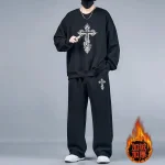 2피스 세트 남성용 스웨트셔츠 바지 플러스 사이즈 플리스 안감 탑스 스포츠 조깅 바지 패션 캐주얼 풀오버 후디 스웨트팬츠 - 이미지 3