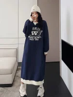 플러스 사이즈 한국 스타일 루즈핏 캐주얼 스웨트셔츠 드레스, 배를 가려주는 슬리밍 미디 기장 A라인 드레스 (애플형 여성용) - 이미지 5