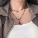 y2k 더블 레이어드 투 체인 크로스 블랙 십자가 목걸이 no.336