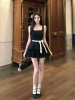 Pure Desire 살구색 조끼 드레스 세트 여성 디자인 센스 민소매 탑 하프 길이 짧은 스커트 여름 스위트 하이 웨이스트 A라인 스커트 - 이미지 3