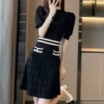 스타일아유 여성용 날씬해보이는 배색 퍼프소매 반팔 니트 미디 원피스 세련된룩 데이트룩 OP2275 - 이미지 3