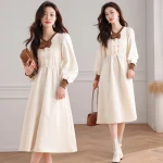 스타일아유 가을 겨울 프렌치 배색 리본 더블버튼 여성 긴팔 롱 원피스 키작녀코디 OP1922