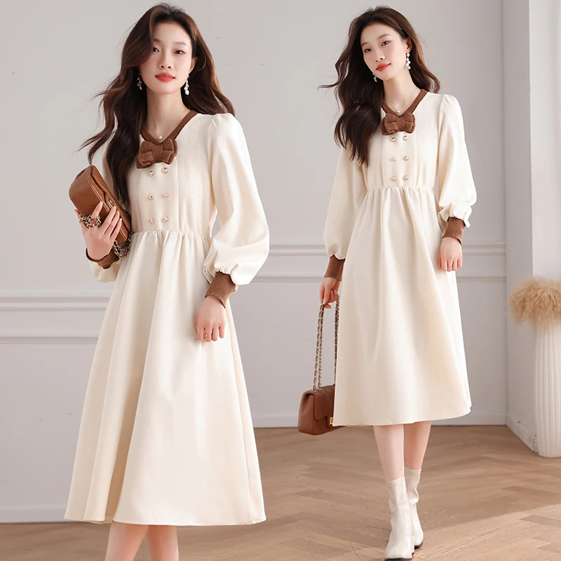 kf-S3bef5db48875402fbfee4eb266a072a1Z 스타일아유 가을 겨울 프렌치 배색 리본 더블버튼 여성 긴팔 롱 원피스 키작녀코디 OP1922 - 이미지 1