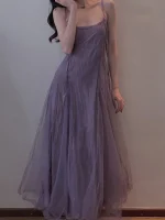 슬리밍 효과 퍼플 메쉬 발목 길이 드레스 여성 플러스 사이즈 스트랩리스 가운 한국 스타일 하이 웨이스트 A라인 스커트 - 이미지 4