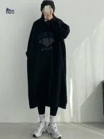 플러스 사이즈 여성용 기모 안감 후드 원피스, 살을 가려주는 레터링, 레이지 스타일, 가을 겨울 루즈핏 원피스, A라인 스커트 - 이미지 5