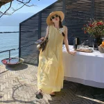 스타일아유 여성 체크 패턴 롱 A라인 슬리브리스 드레스 루즈핏 여름 나시원피스 휴양지룩 OP2290 - 이미지 4