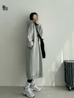 플러스 사이즈 여성용 기모 안감 후드 원피스, 살을 가려주는 레터링, 레이지 스타일, 가을 겨울 루즈핏 원피스, A라인 스커트 - 이미지 4