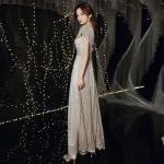 우아한 시퀸 V넥 이브닝 가운, 공연 사회자 드레스, 고급스럽고 가벼운 볼 드레스, 지퍼 스타일 미디 스커트, 긴 소매 - 이미지 5