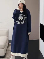 플러스 사이즈 한국 스타일 루즈핏 캐주얼 스웨트셔츠 드레스, 배를 가려주는 슬리밍 미디 기장 A라인 드레스 (애플형 여성용) - 이미지 4