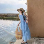 스타일아유 여성 체크 패턴 롱 A라인 슬리브리스 드레스 루즈핏 여름 나시원피스 휴양지룩 OP2290 - 이미지 3