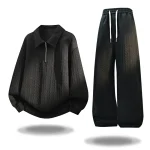 남성 가을 캐주얼 스포츠웨어 세트 투피스 부드러운 편안한 원단 야외 활동복 칼라 하프 집업 후디 엘라스틱 웨이스트 스웨트팬츠 - 이미지 2