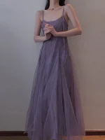 슬리밍 효과 퍼플 메쉬 발목 길이 드레스 여성 플러스 사이즈 스트랩리스 가운 한국 스타일 하이 웨이스트 A라인 스커트 - 이미지 3