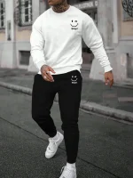 2025 남성용 스마일링 페이스 프린트 스포츠웨어 세트 캐주얼 오피스 라운드넥 조깅 스트리트웨어 가을 겨울 의류 - 이미지 3